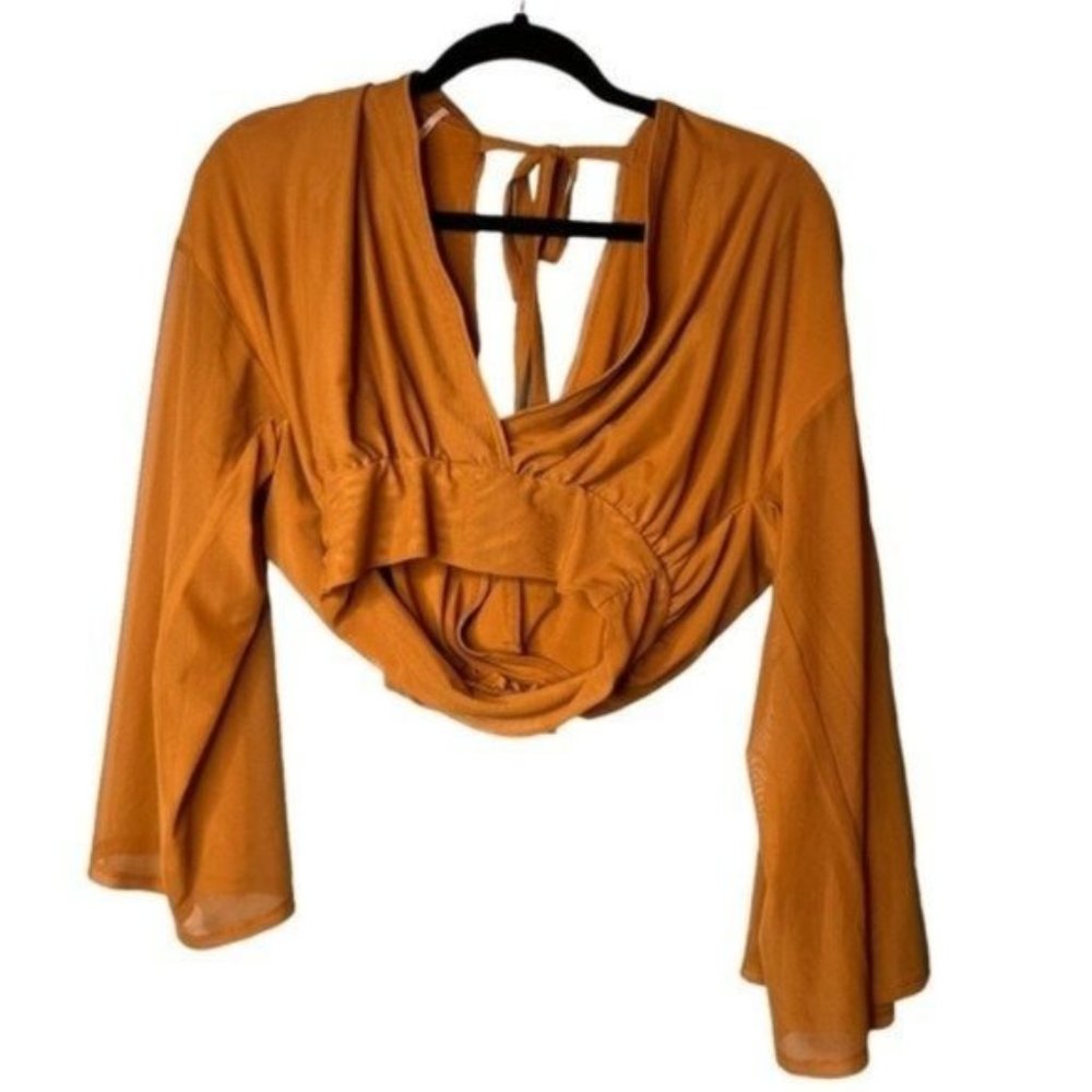 NEW Free People Deep V Cropped Long Sleeve Blouse Mustard | Size XS